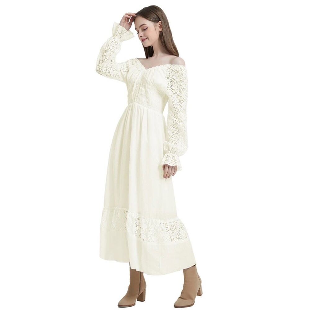 Anna-Kaci Ivory Boho Cottagecore Midi Dress L Lace Sleeves Smocked Waist NWT